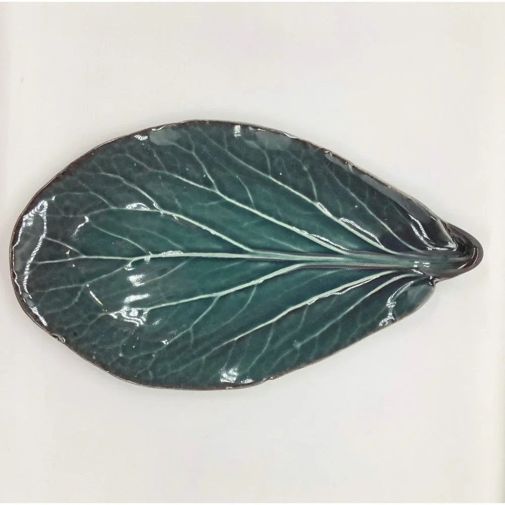 Dark Green Glazed Ceramic‎ Leaf Trinket Dish Botanical Decorative Platter 9 Inch